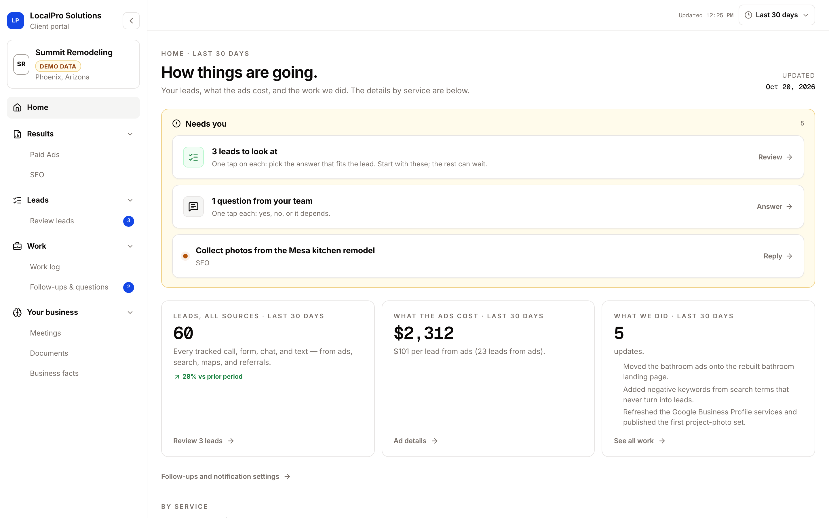 Client portal home: what needs you, leads this month, what the ads cost, and what we did.